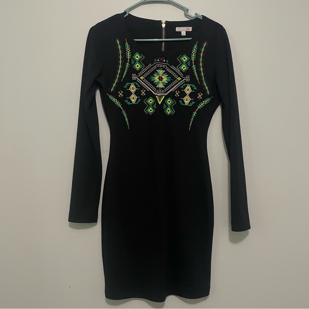 Gianni Bini Black Dress with Vibrant Green Embroidery